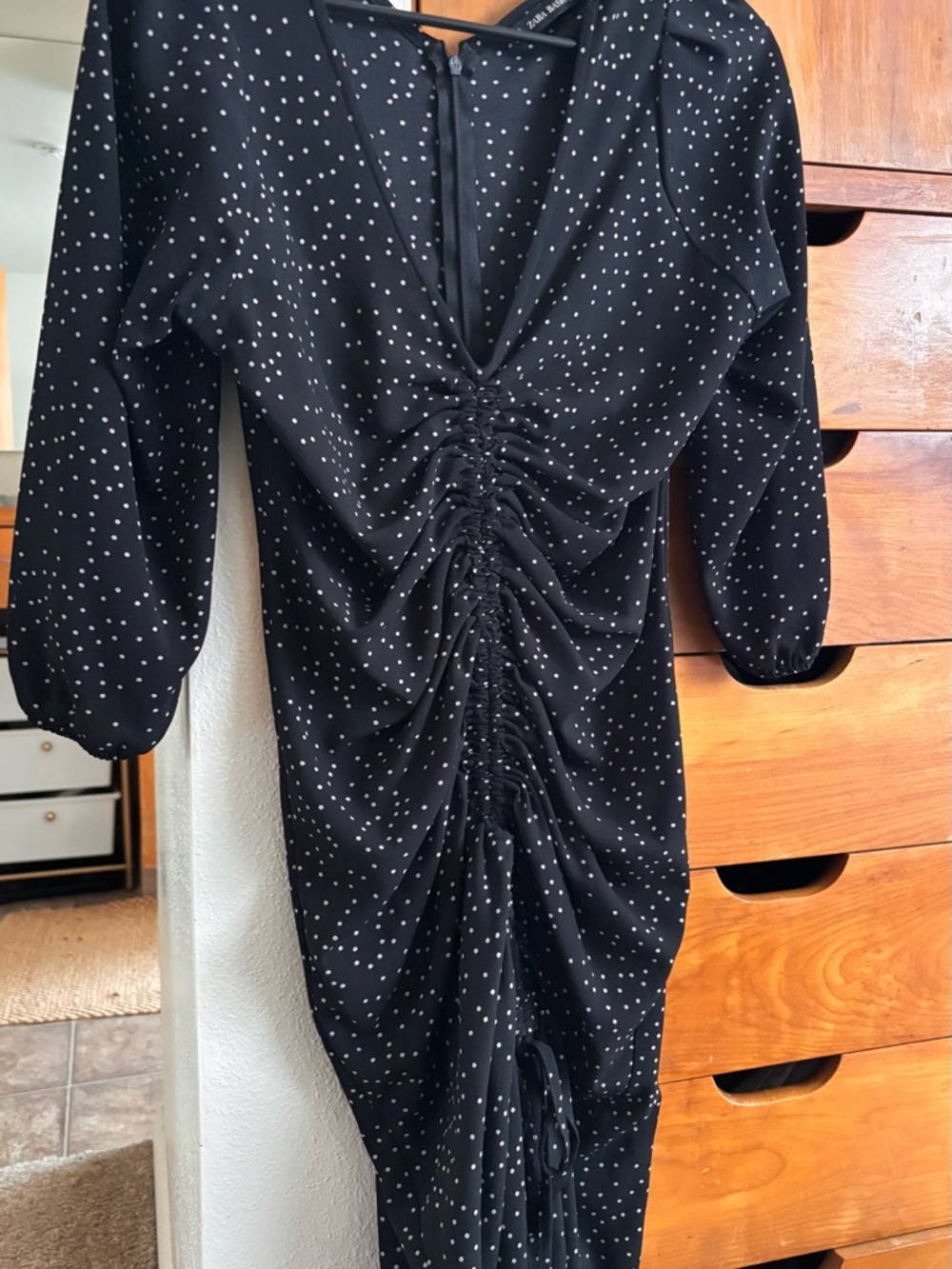 Zara Black Polka Dot Ruched Midi Dress